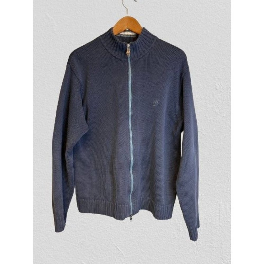 Timberland Full Zip Sweater Cardigan Mock Neck Heavyweight 100% Cotton Blue/Gray
